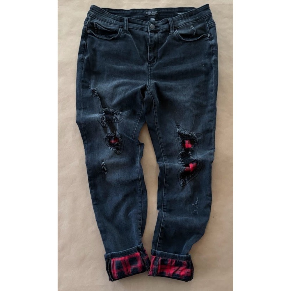 Judy‎ Blue Skinny Distressed Buffalo Plaid Patch Jeans Black 13/31 Grunge Rocker